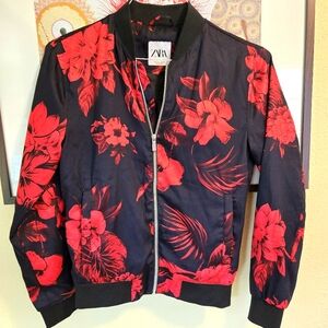 Zara Red & Black Hibiscus Bomber Jacket Medium